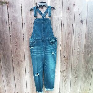 CELEBRITY PINK OVERALL WOMENS SZ 13/31 BLUE DISTRESSED SKINNY LEGS POCKETS DENIM
